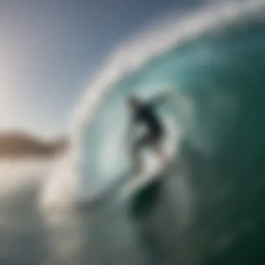 A surfer riding a wave using a Mark Richards fin, demonstrating its performance in action.