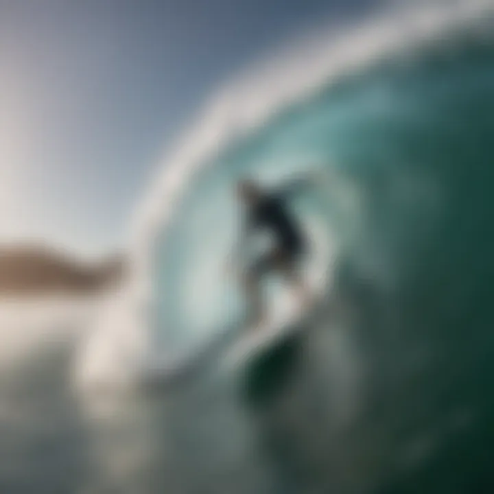 A surfer riding a wave using a Mark Richards fin, demonstrating its performance in action.