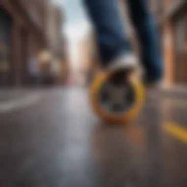 A close-up of skateboard wheels on a vibrant street