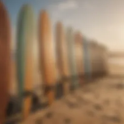 A diverse collection of used longboard surfboards displayed on a sandy beach.