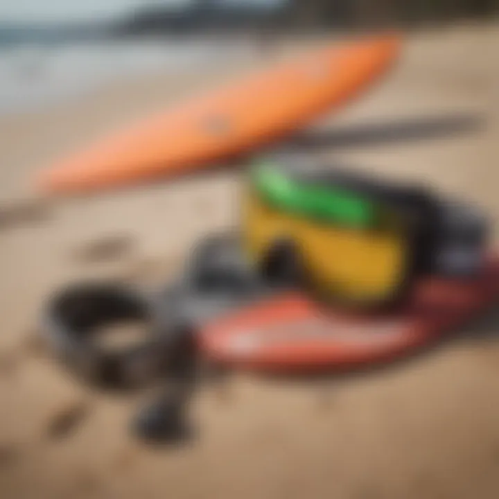 High-quality surf safety gear laid out on a sandy beach