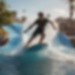 A thrilling Flowrider experience with surfers riding the artificial waves