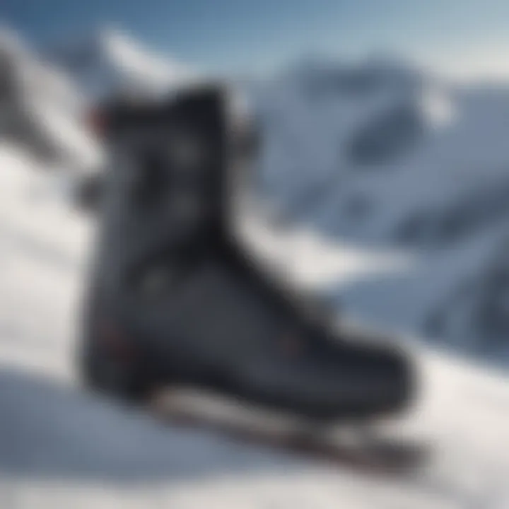 Wide snowboard boots displayed on a snowy mountain background