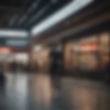 Vibrant retail scene with shoppers exploring various stores in MacArthur Mall