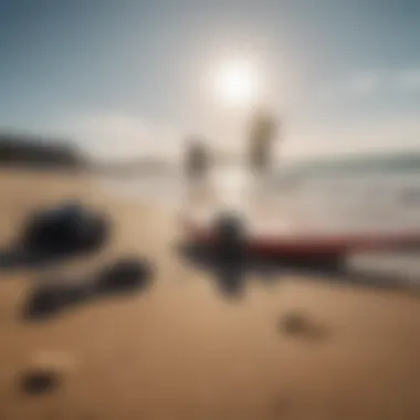 A group of surfers discussing gear choices on the beach.