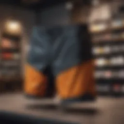 A vibrant display of shorts in a specialty extreme sports retail store, showcasing various styles and colors.