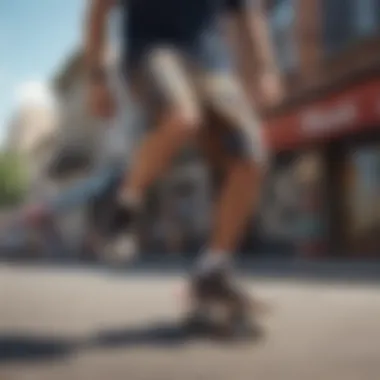 Vibrant patterned shorts in a dynamic skateboarding scene