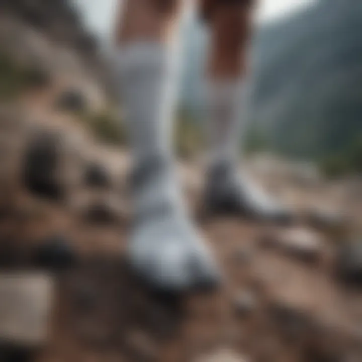 Pair of grey Nike socks on a rugged terrain during an extreme sports event