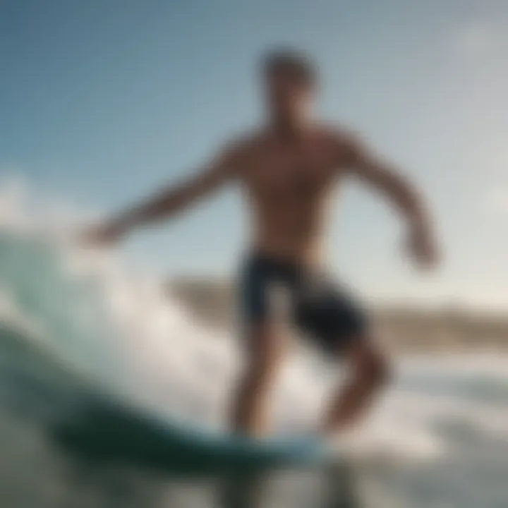 A dynamic action shot of an athlete riding a wave in Gerry board shorts