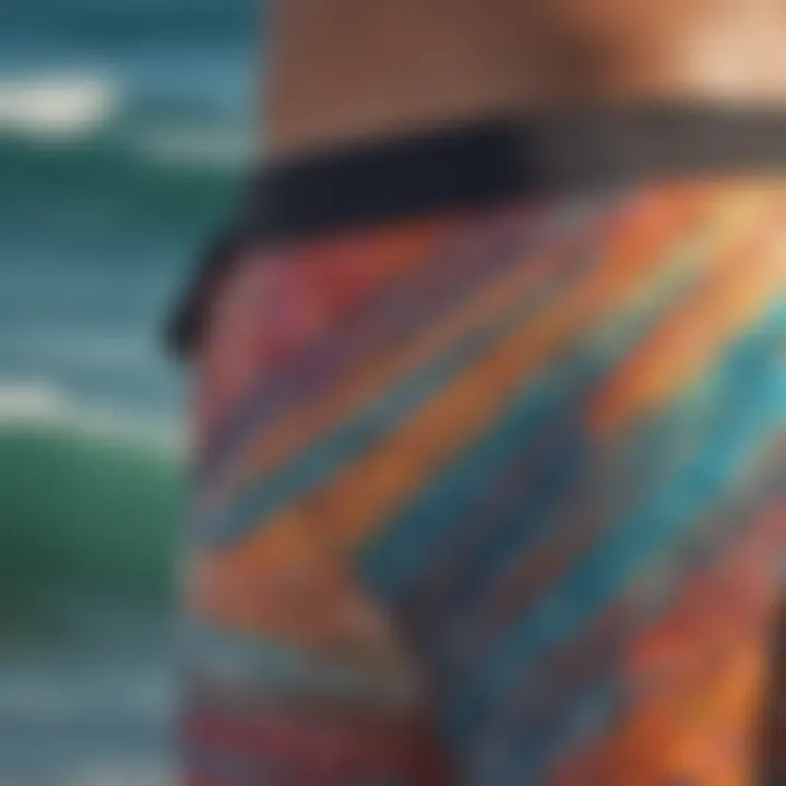 Vibrant design patterns of Gerry board shorts displayed on a surfboard