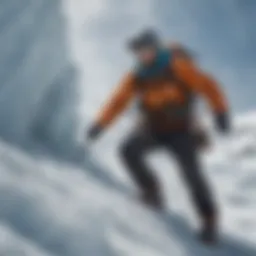 A climber navigating a steep ice face with ice tools
