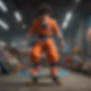 The Cultural Impact of Goku on Skating Goku surrounded by skateboarding paraphernalia, highlighting his influence