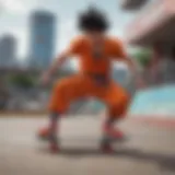 Goku performing a skateboard trick in a vibrant city setting