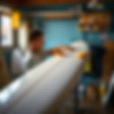 Surfer maintaining surfboard with care products