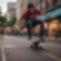 A skateboarder performing a trick on a vibrant urban street.