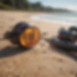 Kitesurfing gear laid out on the beach