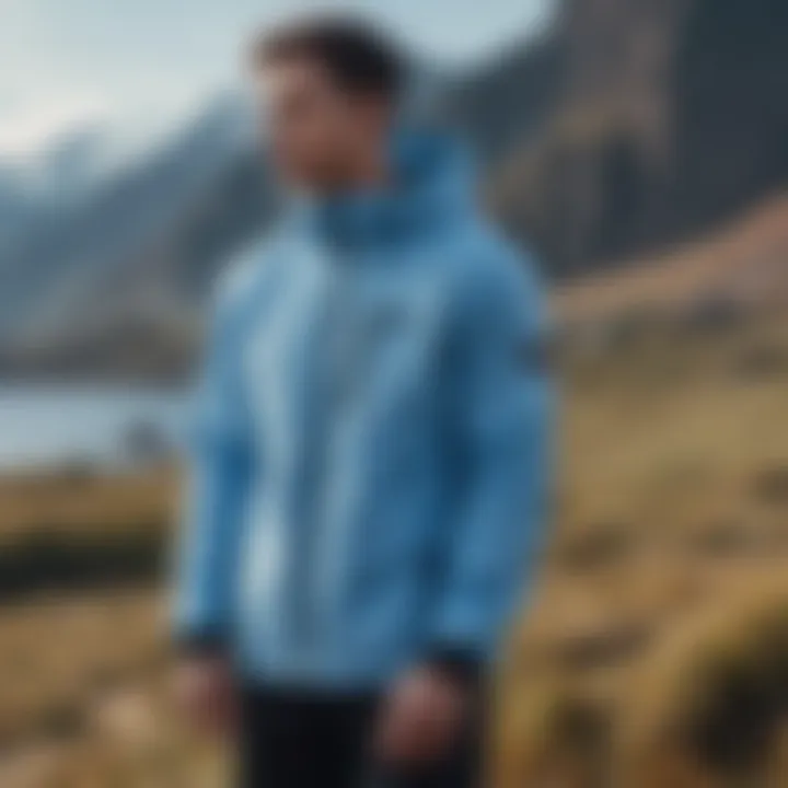 Stylish outdoor scene featuring a light blue windbreaker against a scenic backdrop.