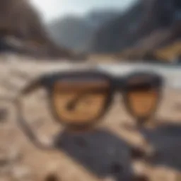 A vibrant pair of low-cost polarized sunglasses on a rocky beach.