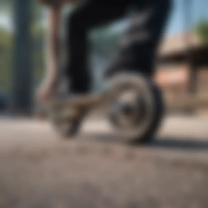 Close-up of skateboard wheels grinding on a rail