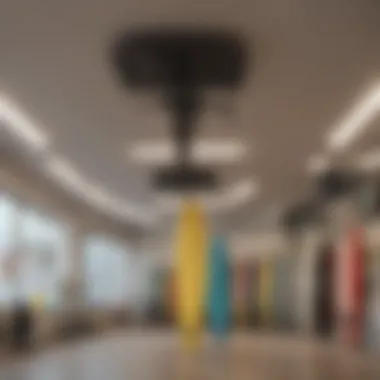 Efficient Use of Ceiling Space with Surfboard Hangers Ceiling-mounted surfboard hangers showcasing organization