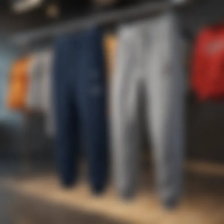 A diverse range of sweatpants displayed on a clothing rack, highlighting various styles