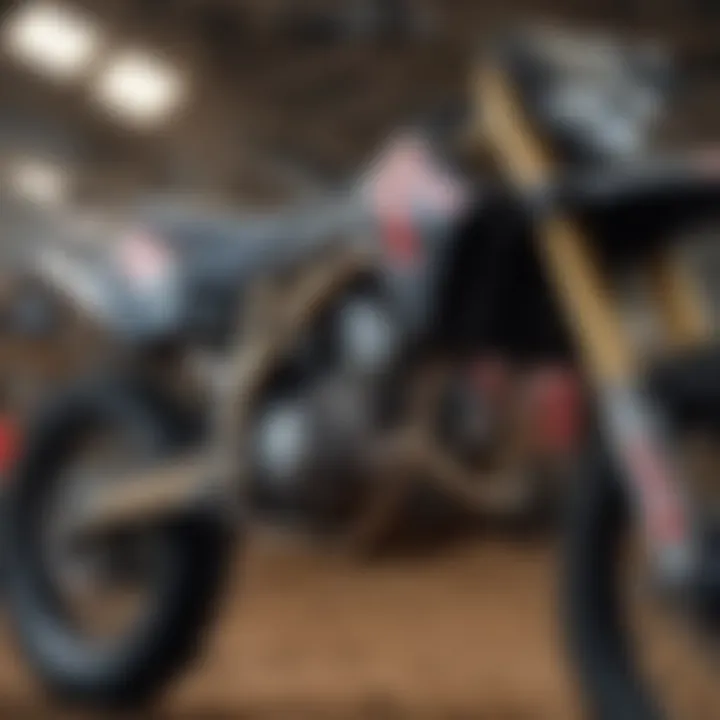 An intricate close-up of a motocross bike, emphasizing its technical design and features.