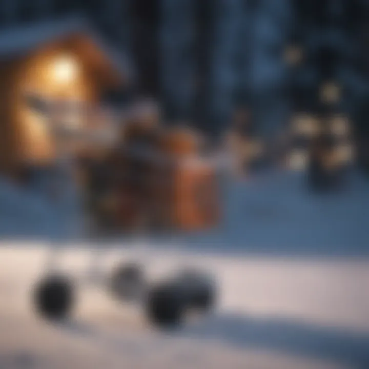 Shopping cart filled with discounted winter sports equipment