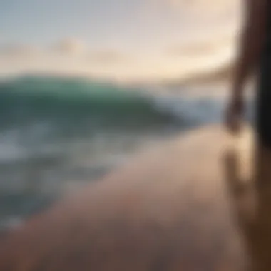 Surfer looking out at the ocean with a lost board