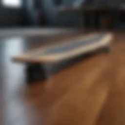 Close-up view of a drop down long board showcasing its deck design and stability features