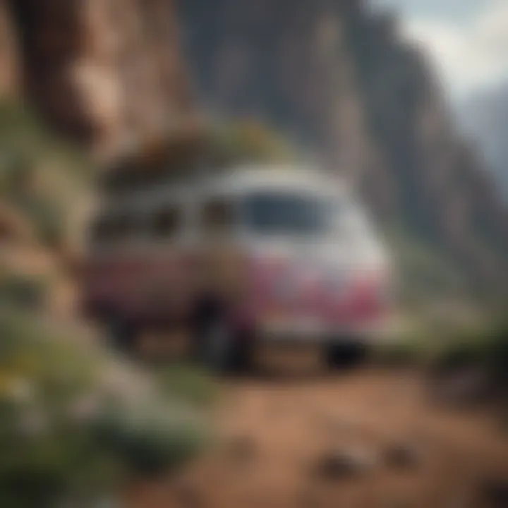 A scenic view of a floral van driving through rugged terrain during an extreme sports journey.