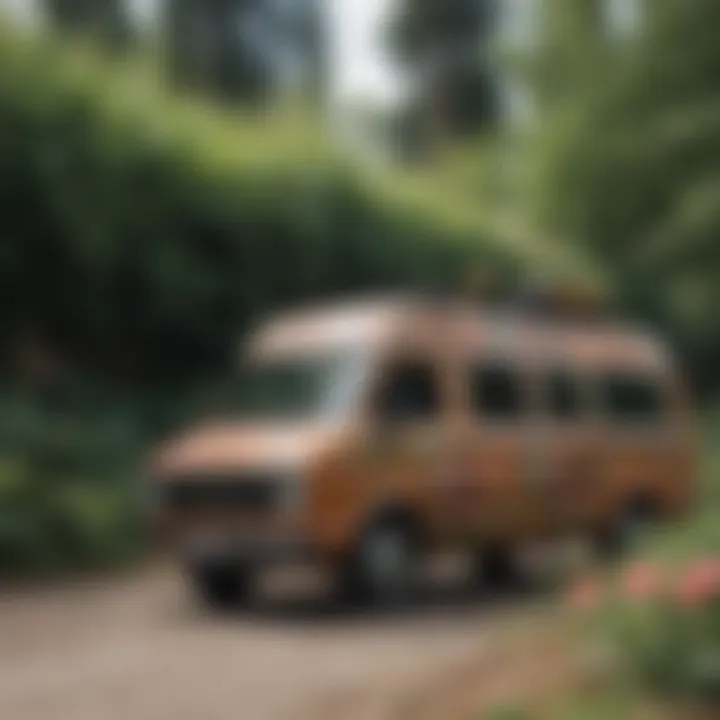 Floral vans parked at an extreme sports event, surrounded by vibrant nature.