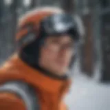 A snowboarder wearing glasses navigating snowy terrain