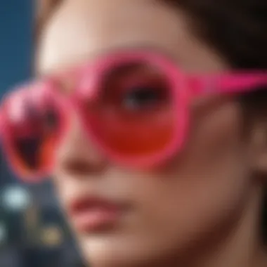 Close-up of the unique design features of neon pink sunglasses