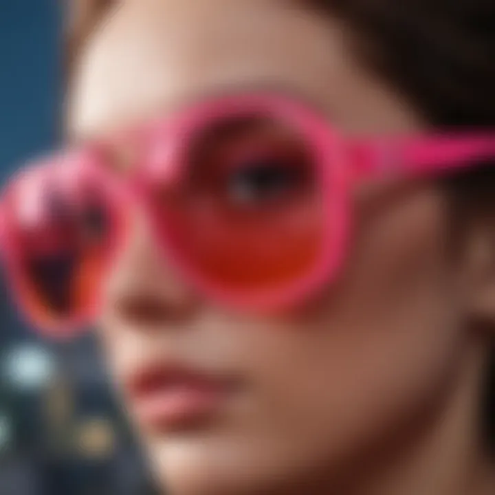 Close-up of the unique design features of neon pink sunglasses