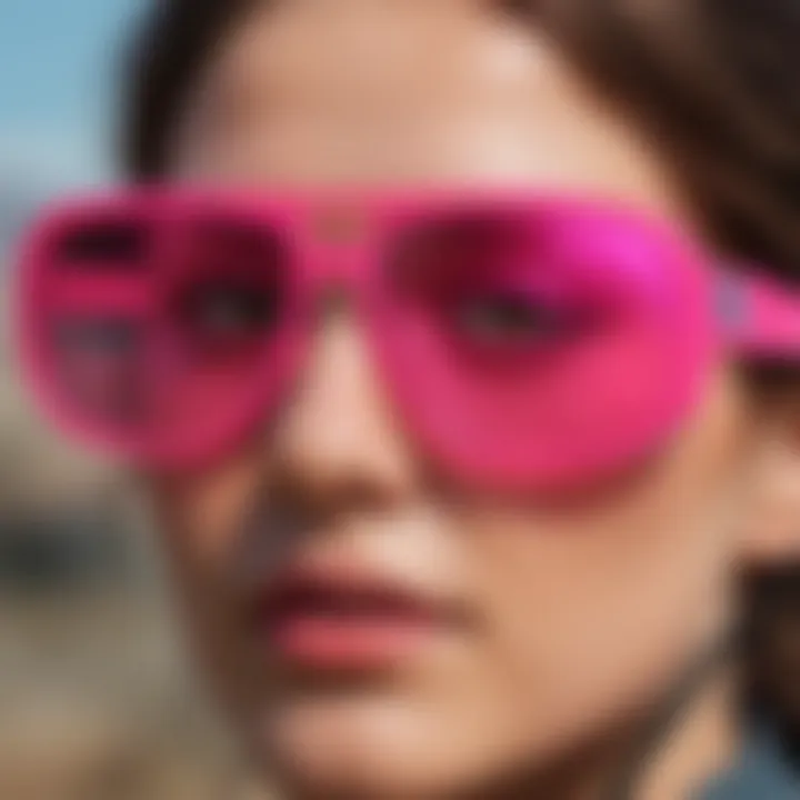 Active individuals wearing neon pink sunglasses while engaging in extreme sports