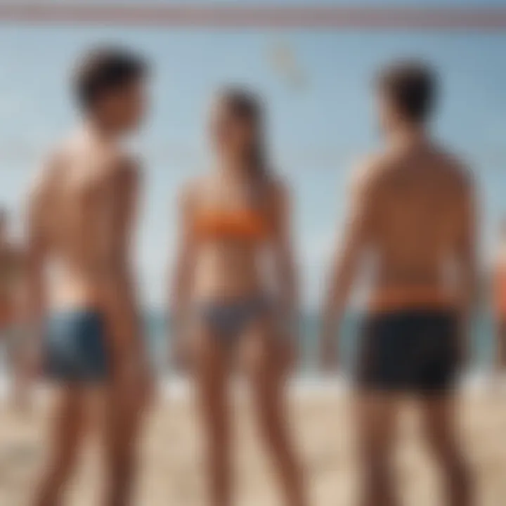 Group of friends enjoying beach volleyball in stylish Nike board shorts