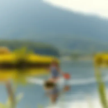 A scenic view of a person paddle boarding on a lake