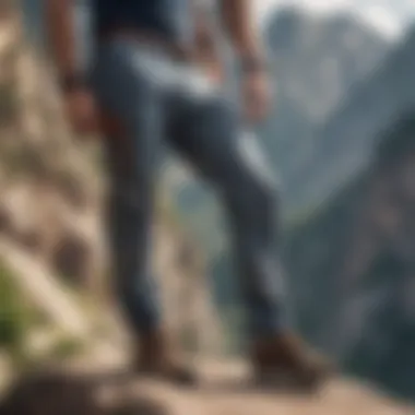 Climber in Patterned Chino Pants A scenic landscape featuring a climber wearing trendy patterned chino pants.