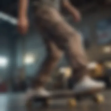 Skateboarder in Patterned Chino Pants A dynamic view of a skateboarder showcasing patterned chino pants in motion.