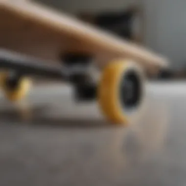 A close-up view of a prebuilt longboard showcasing its deck and wheels.