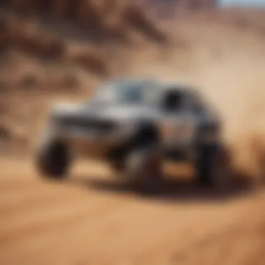 A dynamic rampage racing vehicle in action on a dirt track