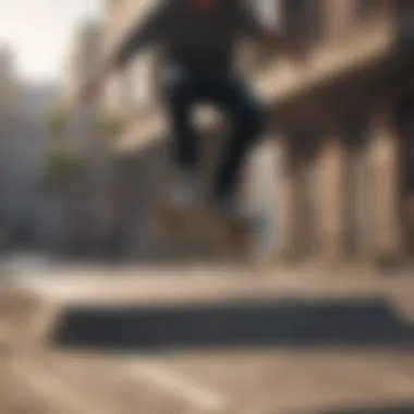 Skateboarding Tricks in an Urban Setting Skateboarder performing tricks in an urban environment.
