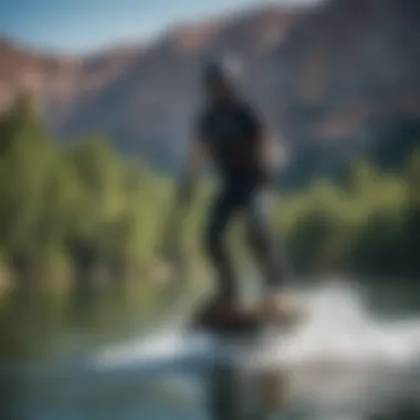 Riding an Electric Jet Board Breathtaking scenery of a person riding an electric jet board on open water