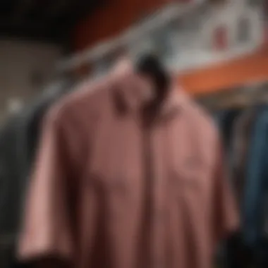Stylish Presentation of RVCA Apparel Stylish RVCA button shirt displayed on a hanger against a vibrant backdrop