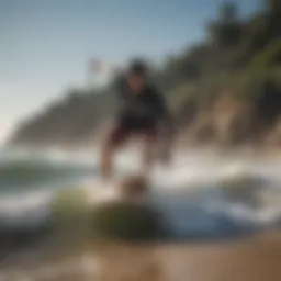 A skilled skimboarder executing a dynamic trick on the shore