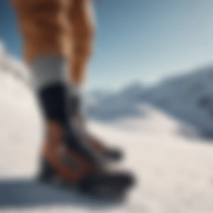 A snowboarder wearing trefoil quarter socks in a snowy landscape