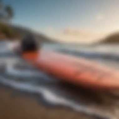 Close-up of essential soft surf equipment including a soft-top board