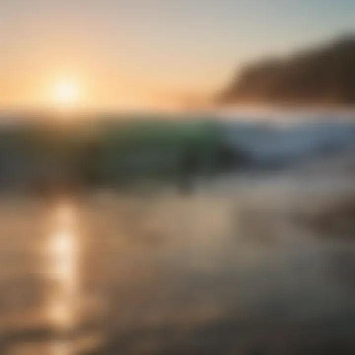 A group of surfers enjoying a vibrant sunset session on soft waves