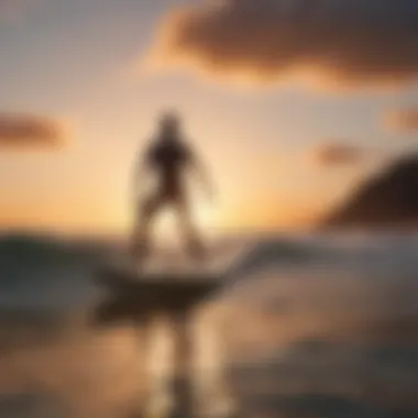 A serene sunset backdrop with a foil surfer navigating calm waters