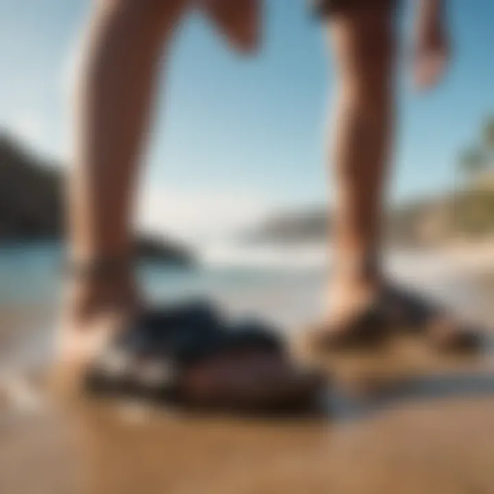 A vibrant beach scene with diverse surf brand sandals in action.